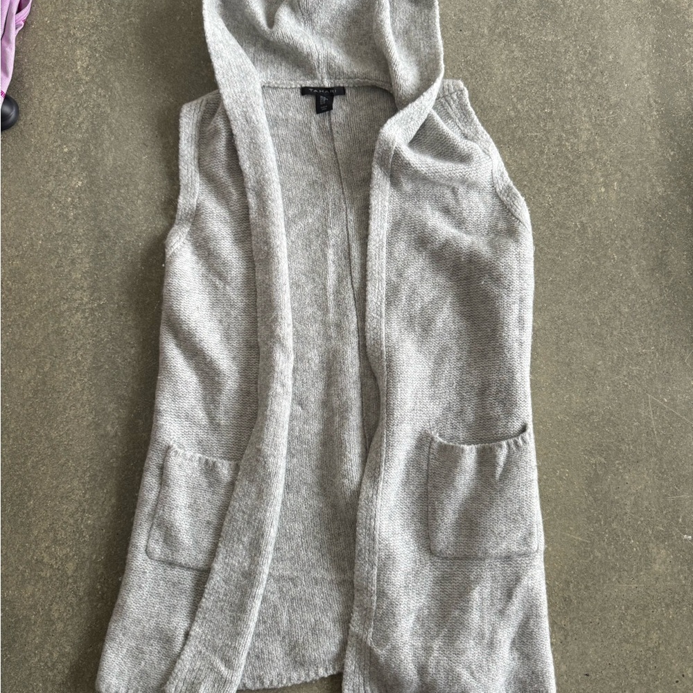 Tahari Light Gray Hooded Cardigan Vest
